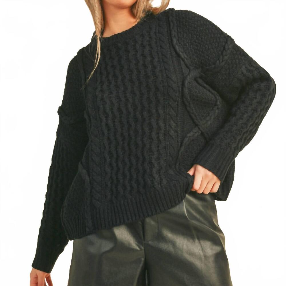 NEW MERCI women's ella braided cable sweater in black